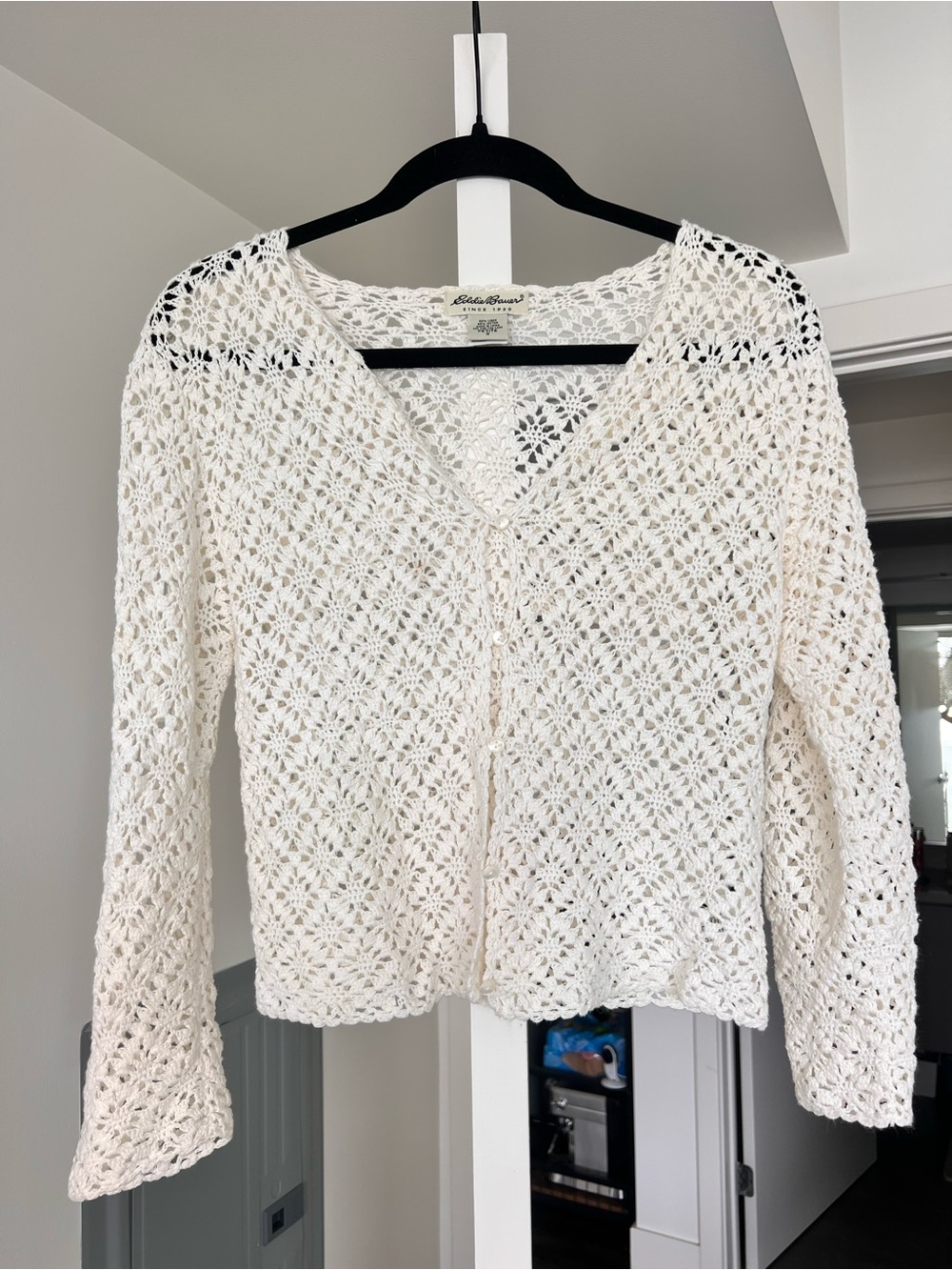 Vintage Eddie Bauer Linen Cotton Blend Crochet Cardigan Sweater Sz SP